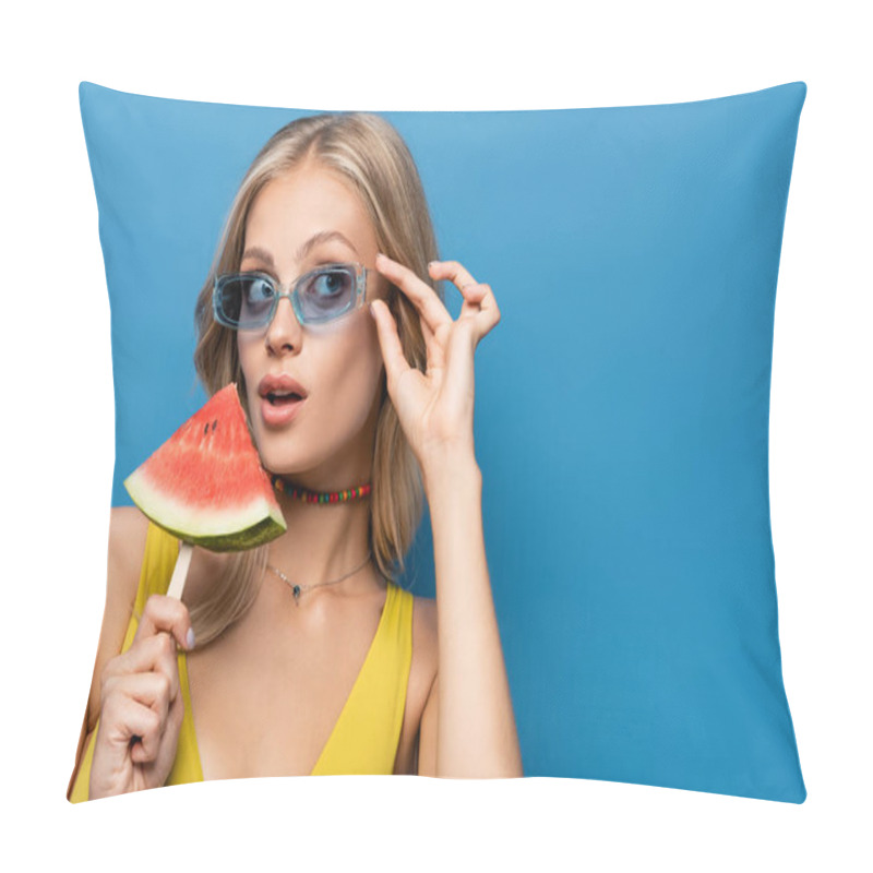 Personality  Young Woman Adjusting Sunglasses And Holding Popsicle Stick With Watermelon Isolated On Blue Pillow Covers