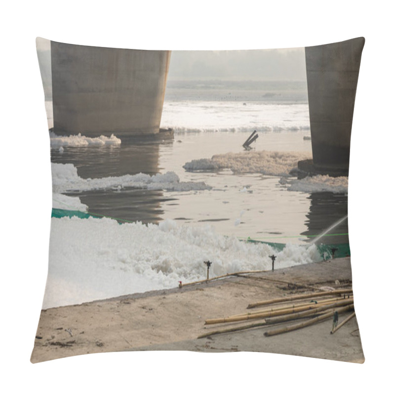 Personality  Industrial And Domestic Effluents Toxic Foam In Contaminated River Image Is Taken At Yamuna River Okhla Barrage Delhi India. Pillow Covers