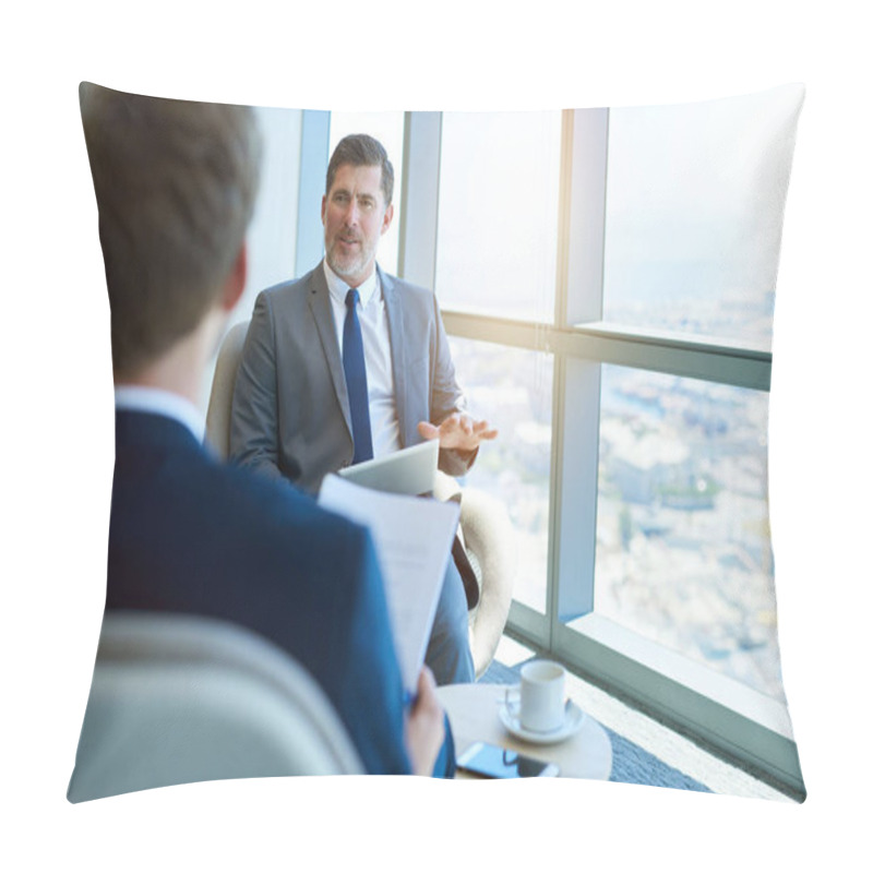 Personality  Handome Mature Corporate Manager Sitting In A Modern Office Space, Holding A Digital Tablet While Interviewing A Young Business Applicant Pillow Covers