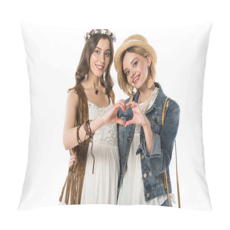 Personality   Bisexual Couple Expecting Baby And Showing Heart Sign Isolated On White Pillow Covers