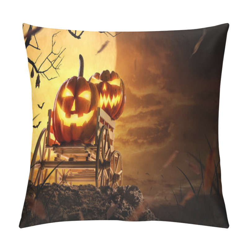 Personality  Halloween Pumpkins On Farm Wagon At Spooky In Night Of Full Moon Pillow Covers