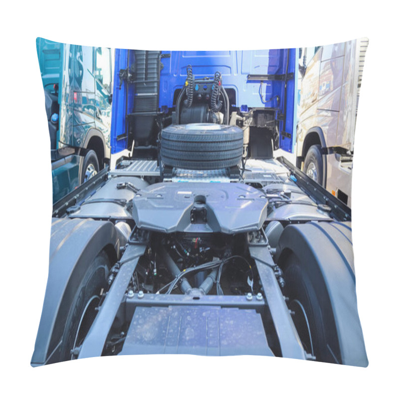 Personality  KIEL, GERMANY - Apr 16, 2021: Close Up View At New Volvo Trucks Waiting At A Parking Area Pillow Covers