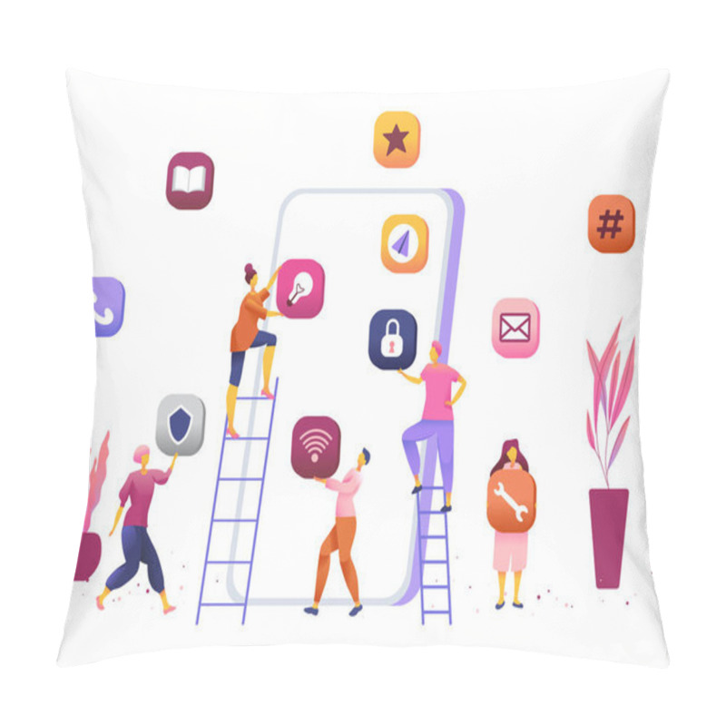 Personality  Business People Creative Team Putting App Icons On Huge Smartphone Screen. Pillow Covers