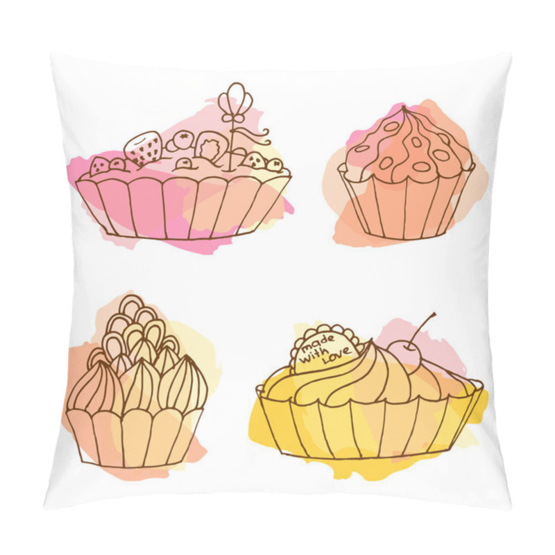 Personality  Tarts Vector Illustration. Doodle Cakes With Splash Background. Outline Desserts Set. Pillow Covers