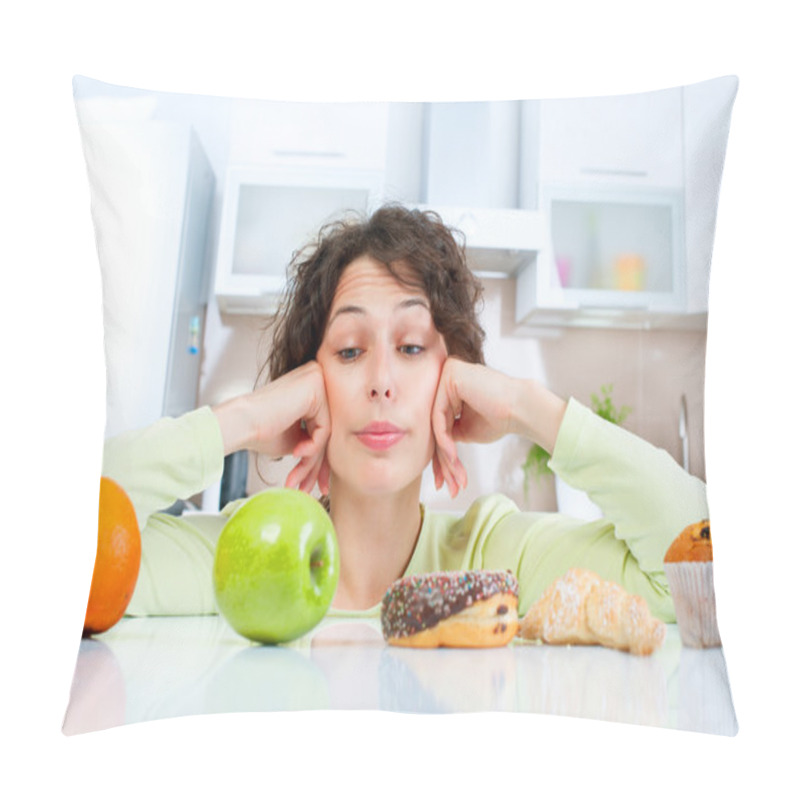 Personality  Dieting Concept. Young Woman Choosing Between Fruits And Sweets Pillow Covers