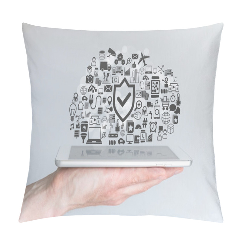 Personality  Cloud Computing Security Concept With Male Hand Holding Tablet Pillow Covers