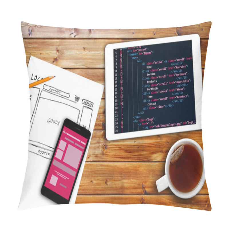 Personality  Website Wireframe Sketch And Programming Code On Digital Tablet Pillow Covers