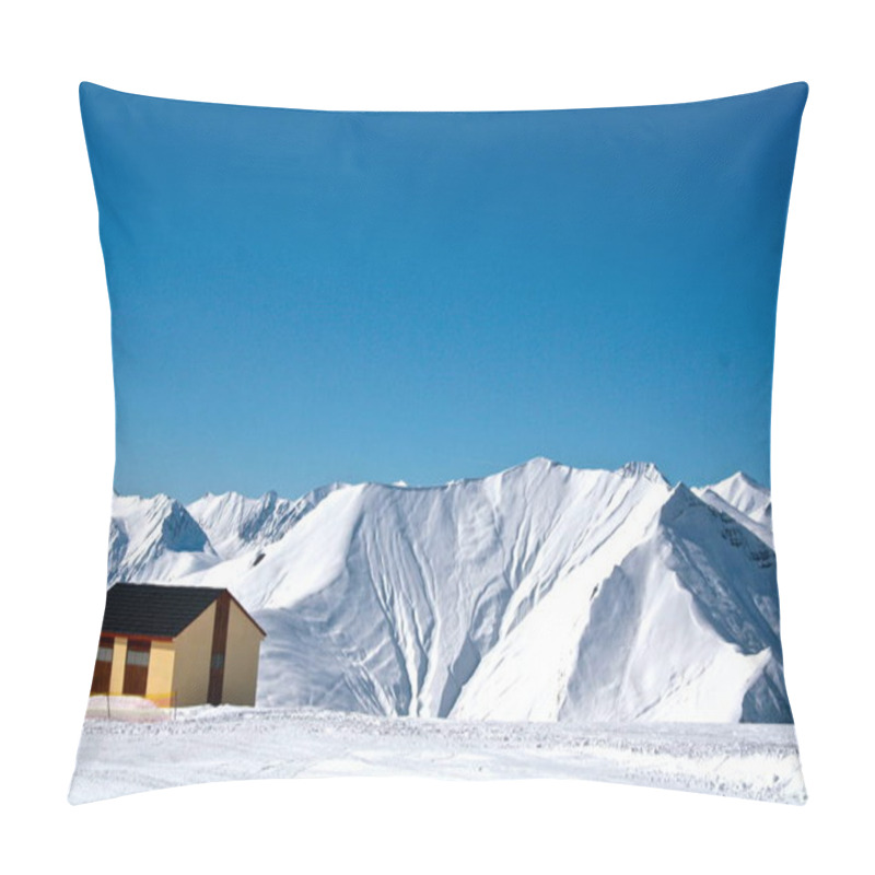 Personality  Scenic View Of Lonely House On Snowy Mountain Background In Gudauri Ski Resort, Georgia  Pillow Covers