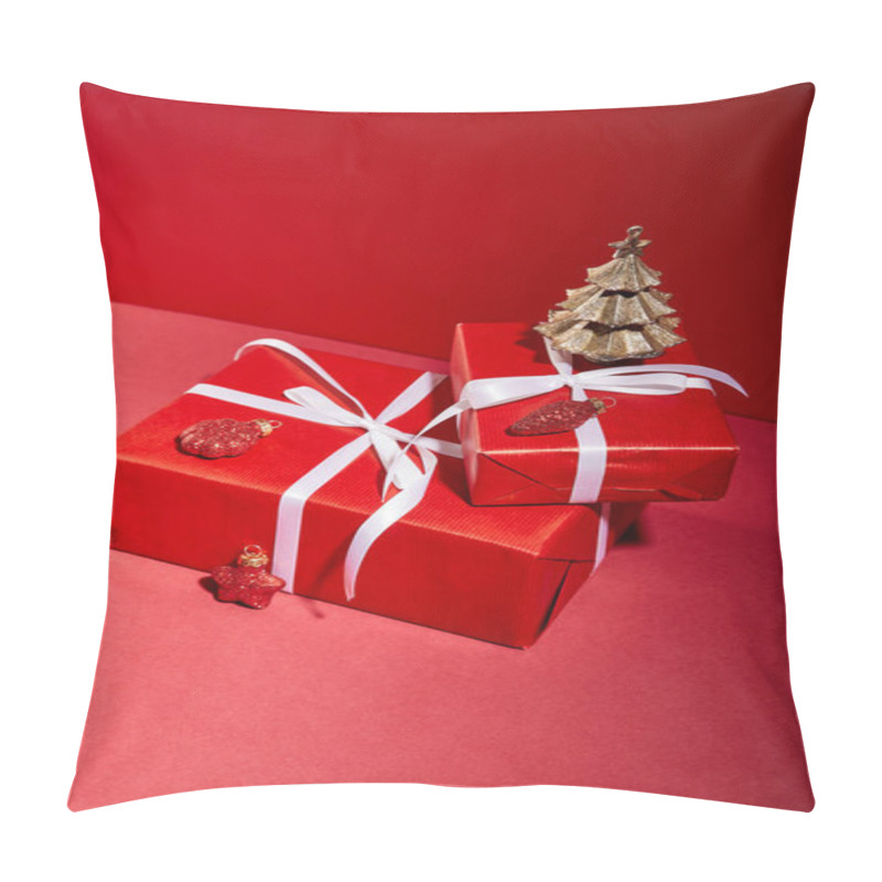 Personality  Red Gift Boxes And Decorative Golden Christmas Tree With Baubles On Red Background Pillow Covers