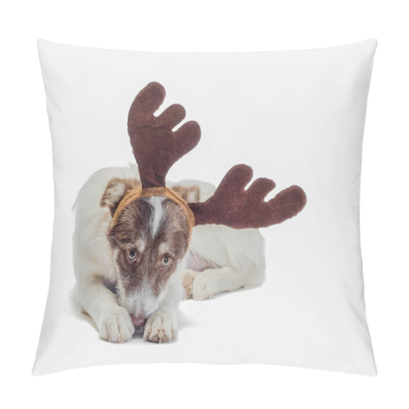 Personality  Mongrel Sad Dog With New Year And Christmas Deer Antlers On A White Background Pillow Covers