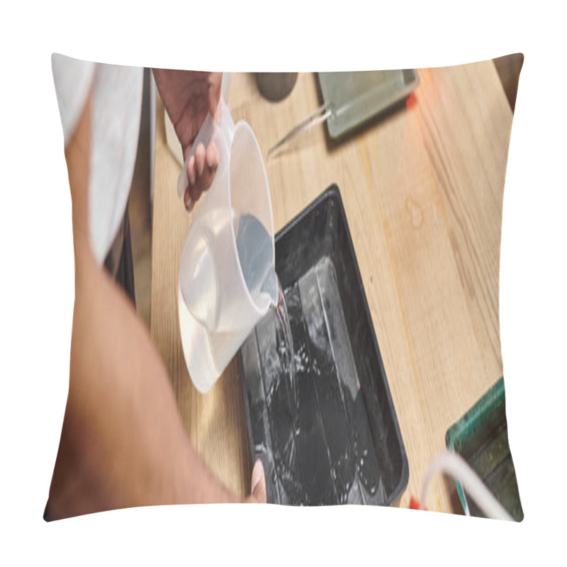 Personality  Cropped Photo Of African American Man Pouring Chemical Solution For Film Development In Tray, Banner Pillow Covers