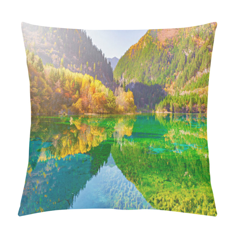 Personality  Aerial View Of Five Flower Lake At Autumn Sunrise Time. Jiuzhaigou Nature Reserve, Jiuzhai Valley National Park, China. Pillow Covers