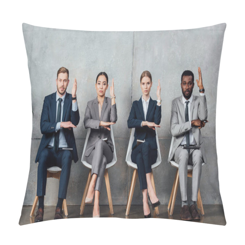 Personality  Serious Multiethnic Businesspeople Sitting On Chairs With Raised Hands Ready To Answer In Waiting Hall Pillow Covers