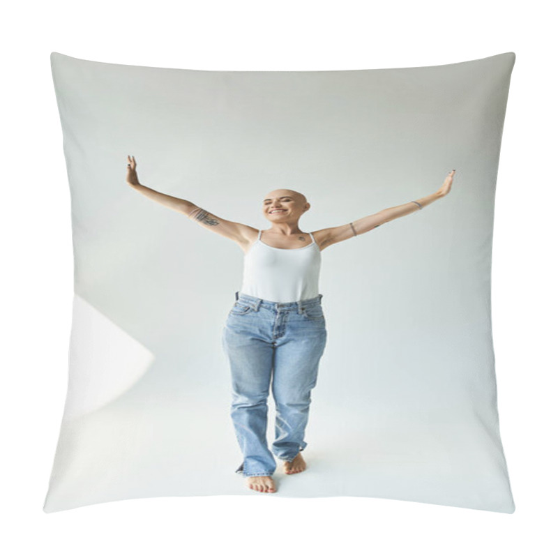 Personality  A Joyful Young Woman Expresses Confidence, Showcasing Her Baldness And Tattoos In A Calm Space. Pillow Covers