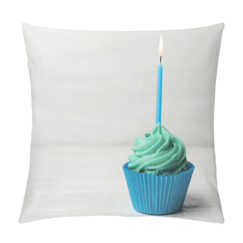 Personality  Delicious Birthday Cupcake With Cream And Burning Candle On White Wooden Table. Space For Text Pillow Covers