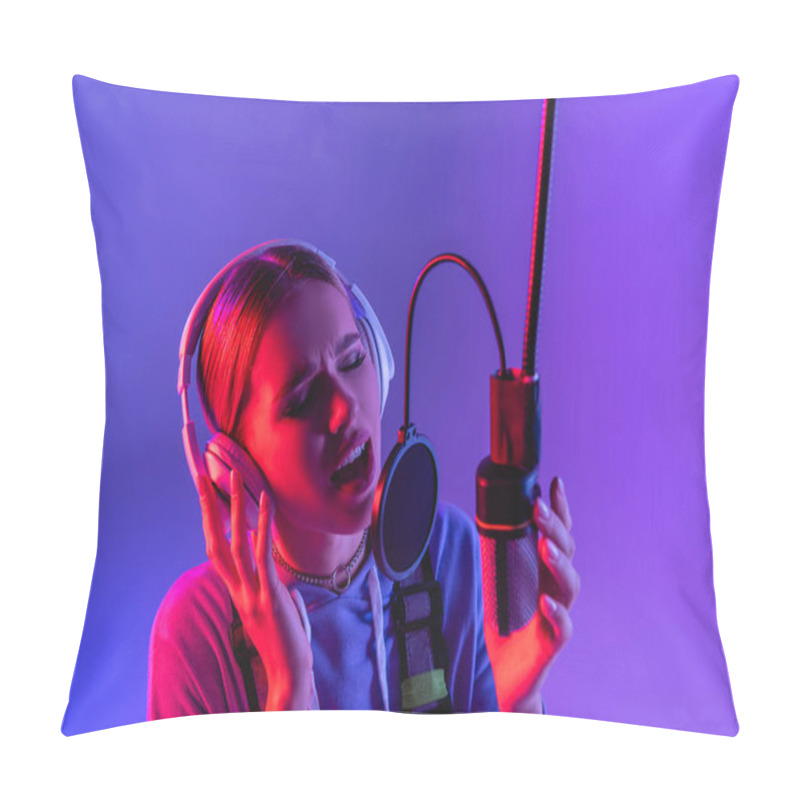 Personality  Young Singer In Headphones Recording Song While Singing In Microphone On Purple With Color Filter  Pillow Covers