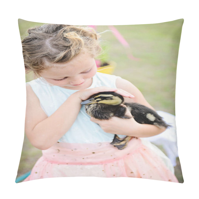 Personality  Girl Gently Holding A Duckling In Her Arms. Pillow Covers