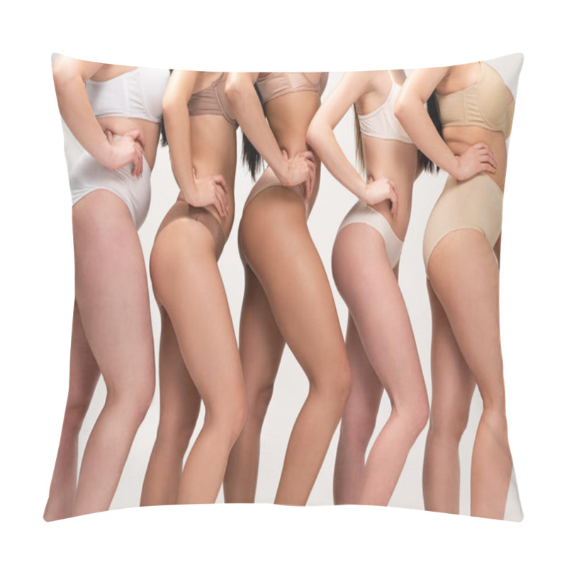 Personality  Cropped View Of Five Multiethnic Women In Underwear Posing With Hands On Hips Isolated On Grey, Body Positivity Concept Pillow Covers