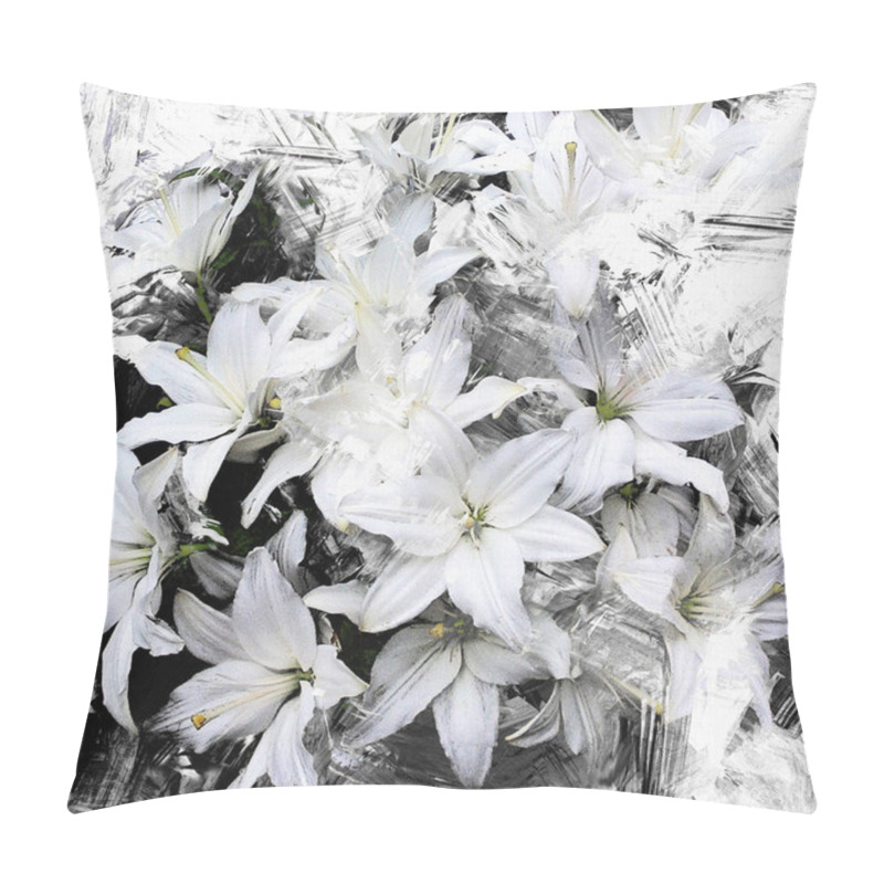 Personality  Floral Background With Stylized Bouquet Of White Lilies On Grunge Striped,stained Black Backdrop Pillow Covers