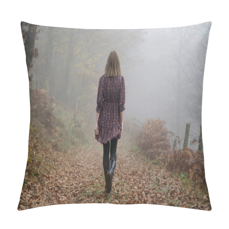 Personality  Outdoor Portrait Of Woman In Brown Dress During Foggy Autumn Morning In The Countryside. Pillow Covers