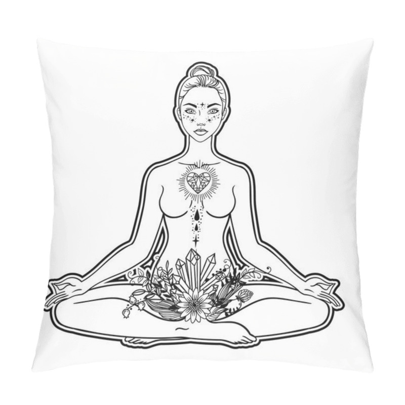 Personality  Beautiful Woman Silhouette Sitting In Lotus Pose With Flowers And Ethnic Art. Power Of Girls. Meditation, Yoga, Kundalini, Tantra, Ayurveda, Aura And Chakras. Vector Illustration. Pillow Covers