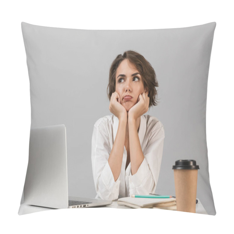 Personality  Image Of Young Serious Business Woman Posing Isolated Over Grey Wall Background Sitting At The Table Using Laptop. Pillow Covers