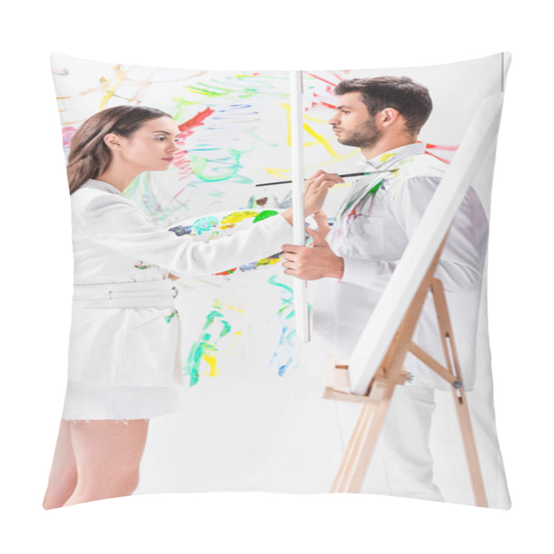 Personality  Adult Man Holding White Frame While Woman Painting Clothes Pillow Covers