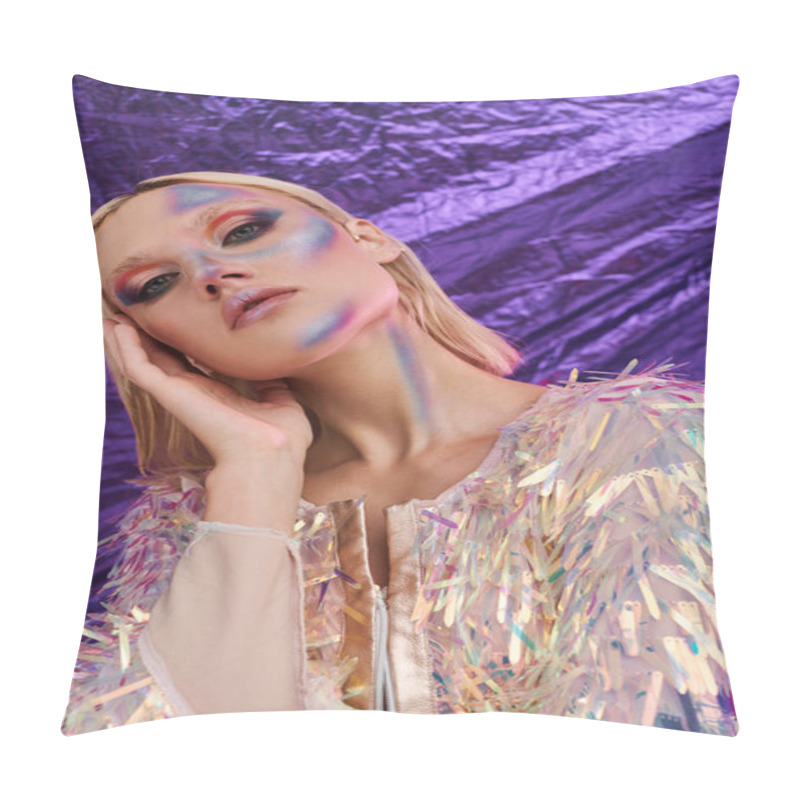 Personality  A Young Woman Showcases Chic Attire With Holographic Details, Radiating Beauty And Creativity. Pillow Covers