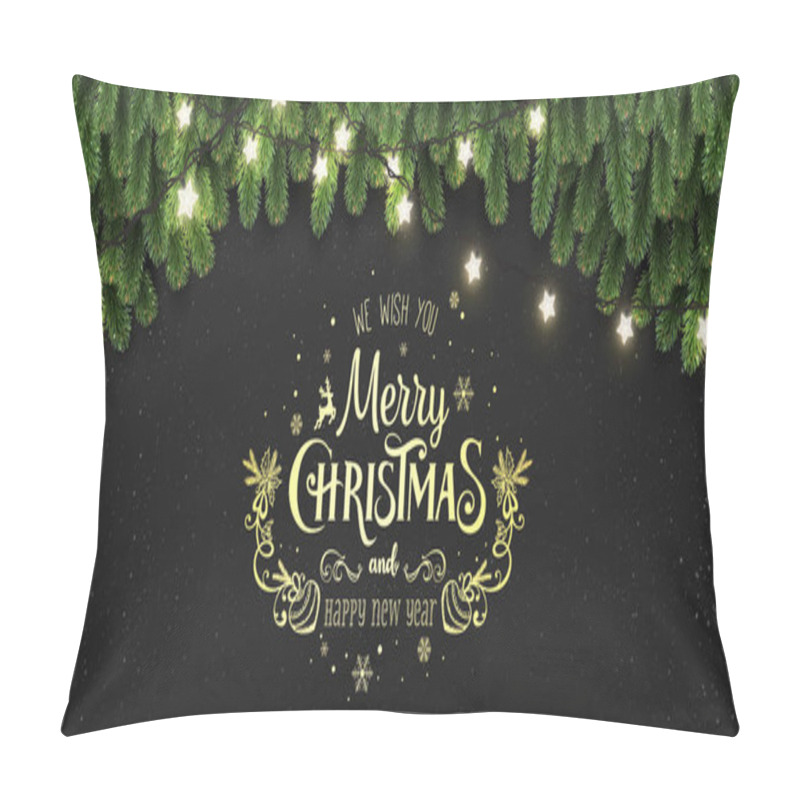 Personality  Gold Merry Christmas Typographical On Black Background With Tree Branches, Light Garland, Stars, Pine Cones. Xmas And New Year Theme. Vector Illustration Pillow Covers