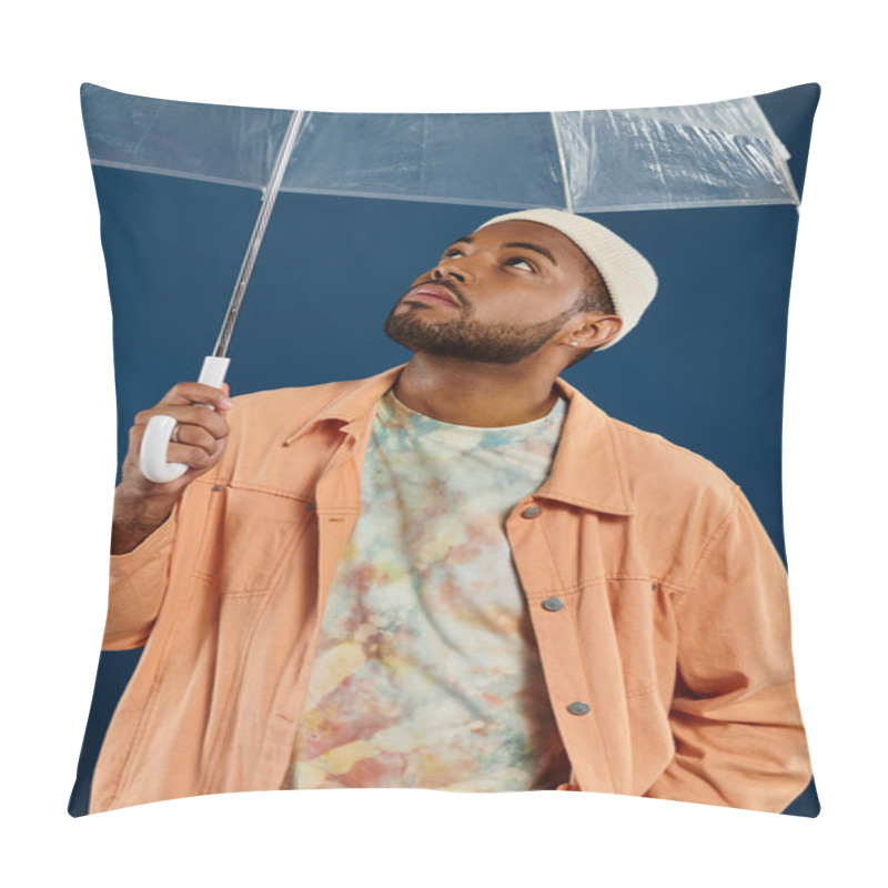 Personality  Stylish Man Holds Clear Umbrella On Blue Backdrop. Pillow Covers