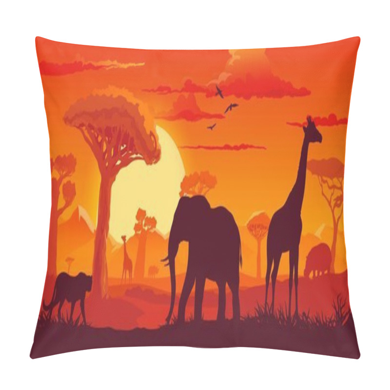 Personality  African Sunset Landscape With Safari Animals Silhouettes. Vector Background With Elephant, Giraffe, Hippo And Cheetah At Dusk Savannah Scenery Nature With Birds In Red Sky, Sun And Plant Shadows Pillow Covers