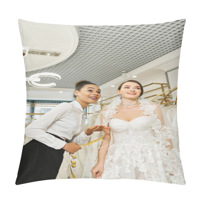 Personality  Young Brunette Bride In A White Wedding Dress Standing Next To An African American Woman In A Black Dress In A Bridal Salon. Pillow Covers