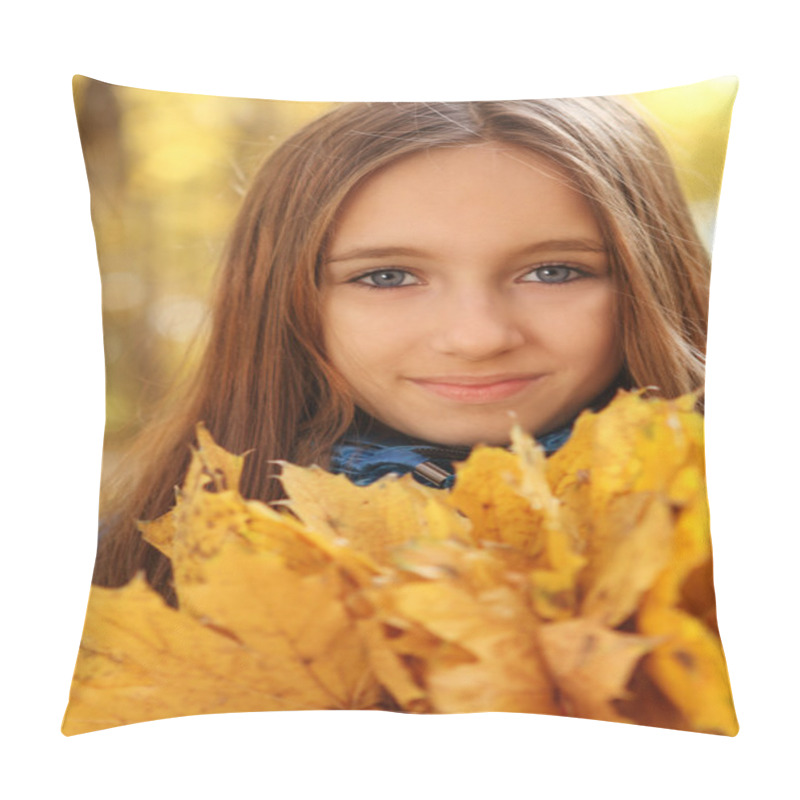 Personality  Portrait Of A Happy Teen Girl In Autumn Forest Pillow Covers