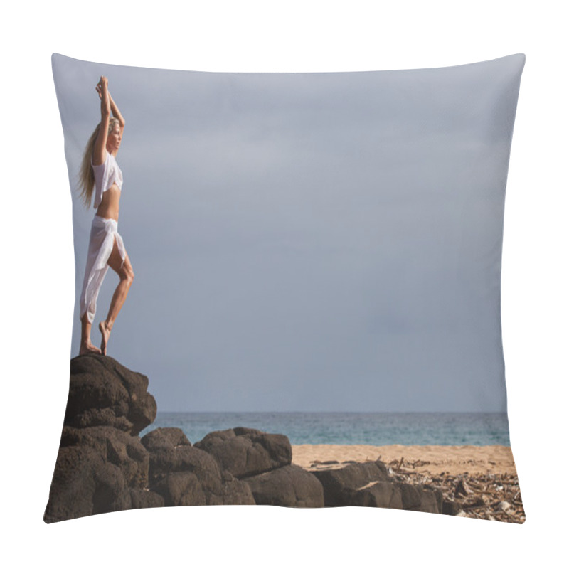 Personality  Gorgeous Woman Stretching Up Tall On Lava Rocks Pillow Covers