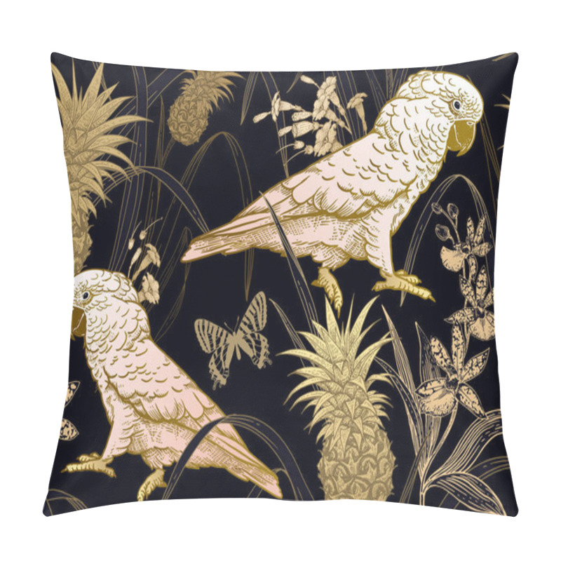 Personality  Seamless Black Background With Gold Parrot, Flowers, Butterfly A Pillow Covers