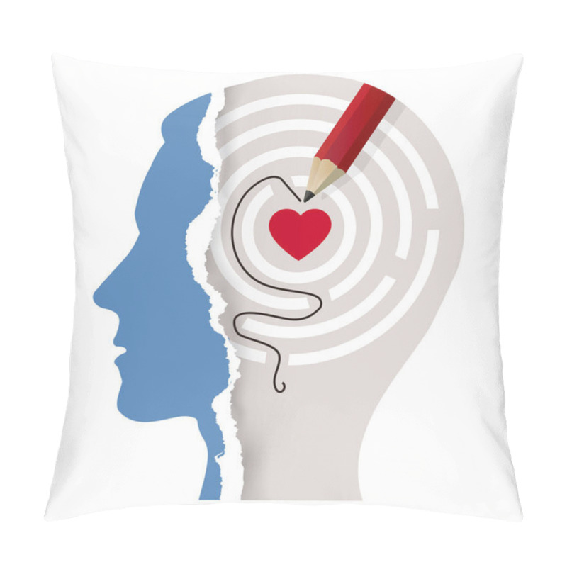 Personality  Love Your Self ,  Male Head, Psychological Concept. Illustration Of Male Stylized Head Silhouette With Solved  Maze, Heart And Pencil. Vector Available. Pillow Covers