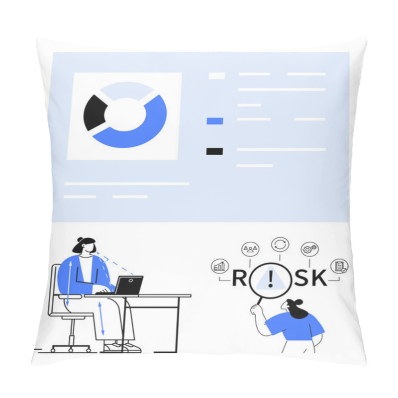 Personality  Woman Working At Desk Analyzing Data On Laptop, Large Pie Chart And Bar Graph Projections, Magnifying Glass On Risk Icon. Ideal For Business, Data, Research, Risk Management, Tech, Decision-making Pillow Covers