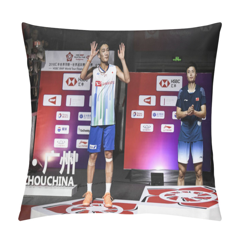 Personality  Kento Momota Of Japan, Left, And Shu Yuqi Of China Attend The Awarding Ceremony After Their Men's Singles Final Match During The HSBC BWF World Tour Finals 2018 In Guangzhou City, South China's Guangdong Province, 16 December 2018 Pillow Covers