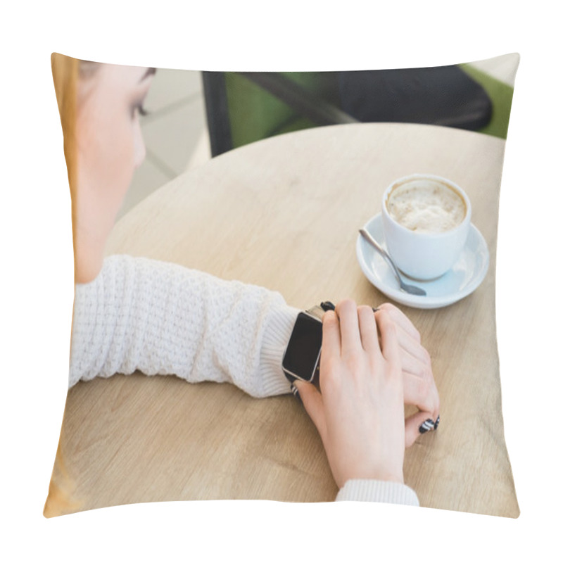 Personality  Girl Wearing Watch, Cup Of Coffee On Table Pillow Covers