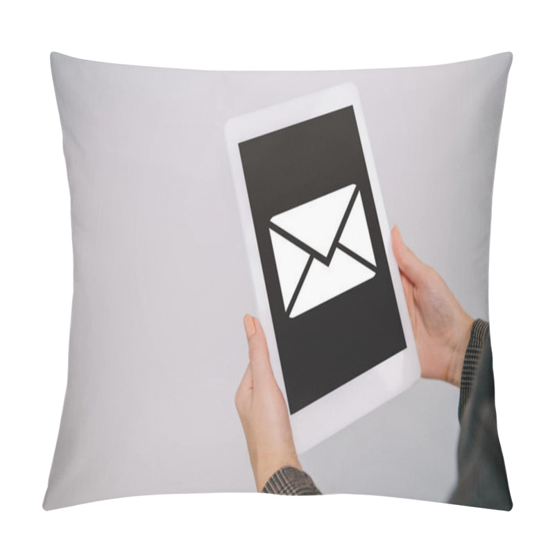 Personality  Cropped View On Businesswoman Using Digital Tablet With Email Icon Isolated On Grey Pillow Covers