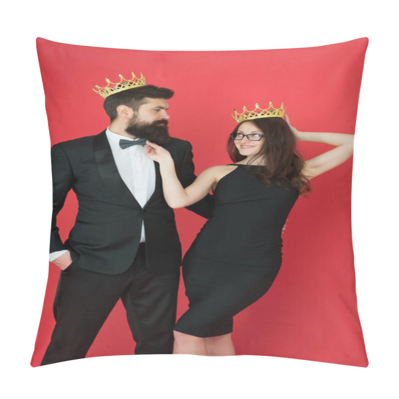 Personality  Elite Society. Being Recognised And Proud. Proud Couple. Woman And Bearded Man Wear Crowns. Selfish Egoist. Superiority Complex. Fame And Popularity. Famous Couple. Proud Of Their Love. Perfect Match Pillow Covers