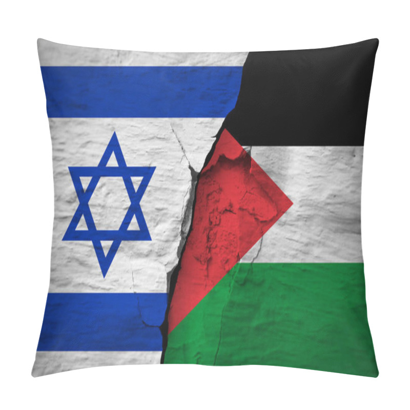 Personality  War Between The Countries. Israel And Palestine Flags On The Cracked Concrete Wall.  The Deterioration Of Diplomatic Relations. Confliction And Crisis Concept . Pillow Covers