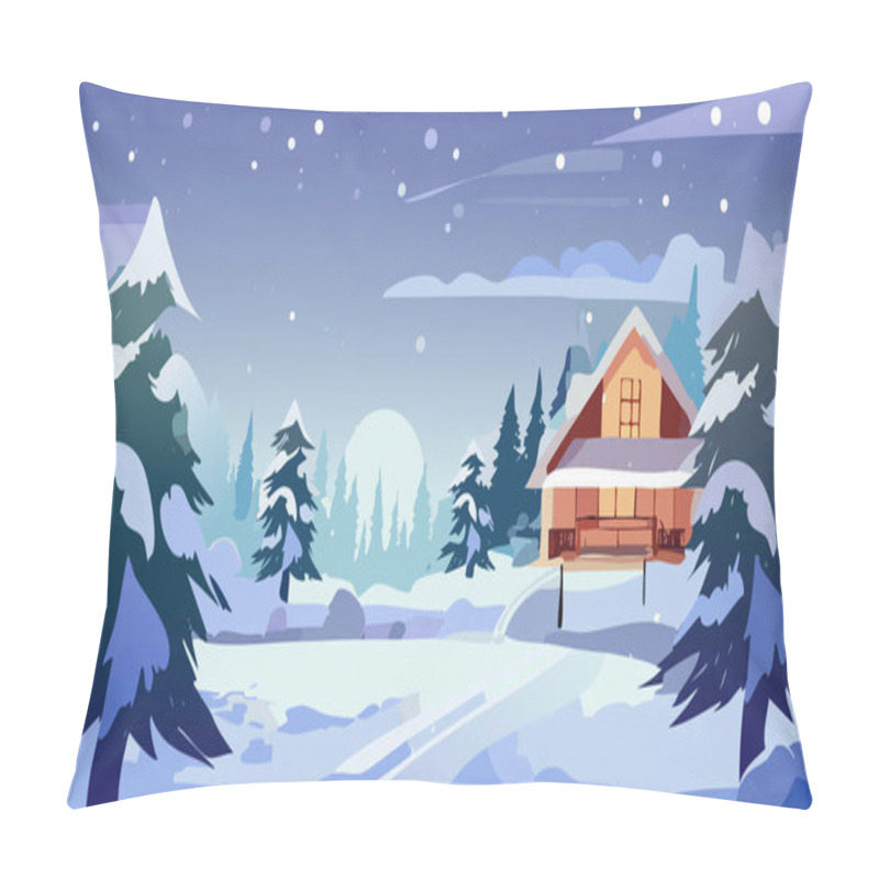 Personality  Winter Landscape With House, Trees And Snowflakes. Vector Illustration. Pillow Covers