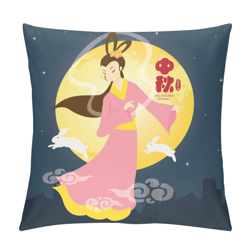 Personality  Mid-autumn Festival Illustration Of Chang'e (moon Goddess) And Bunny With Full Moon. Caption: Mid-autumn Festival, 15th August Pillow Covers