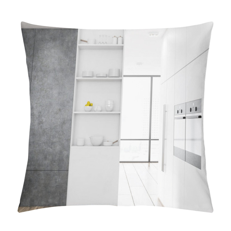 Personality  Stylish White Cupboard Standing In A Modern Kitchen Interior With A Wooden Floor And Panoramic Windows. 3d Rendering Mock Up Pillow Covers