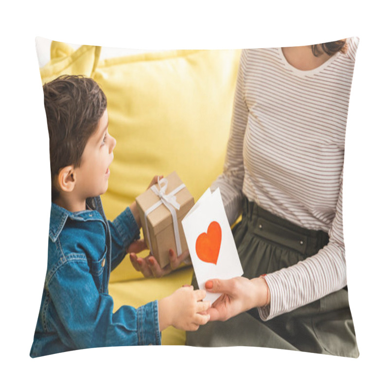 Personality  Adorable Boy Presenting Gift Box And Mothers Day Card With Heart Symbol To Mom Pillow Covers