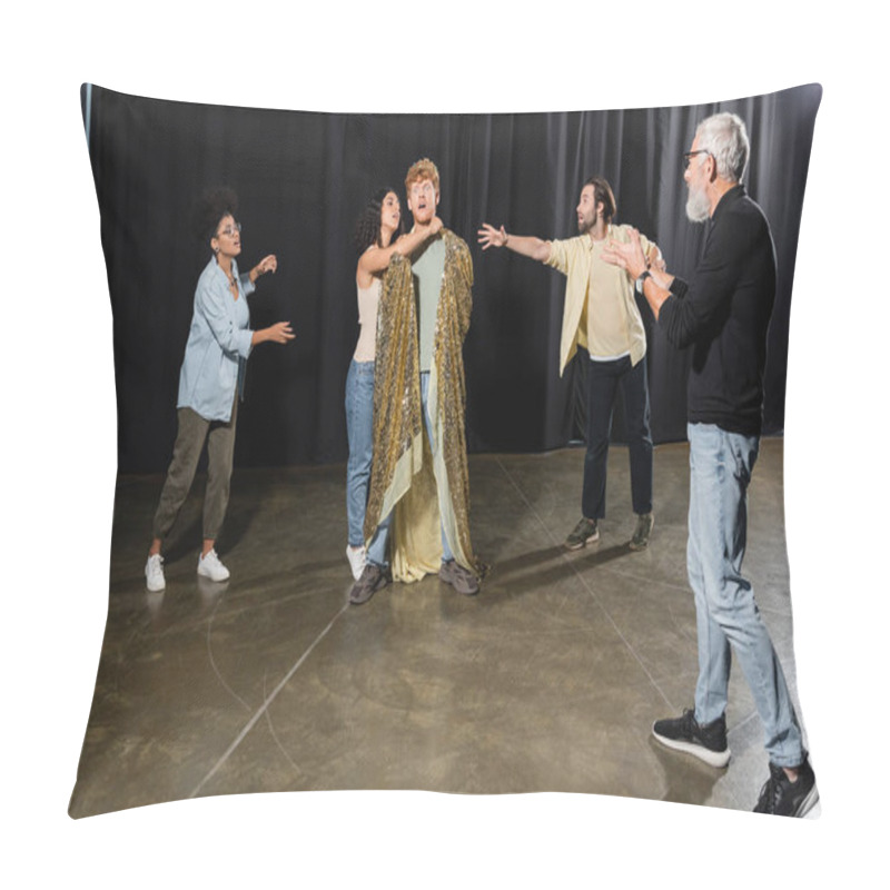 Personality  Grey Haired Art Director Gesturing Near Interracial Students Rehearsing Scene Of King Assassination In Theater Pillow Covers