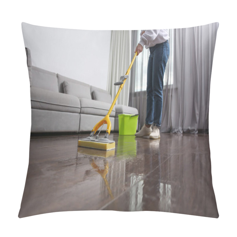 Personality  Woman Cleaning Parquet Floor With Mop Indoors, Closeup Pillow Covers