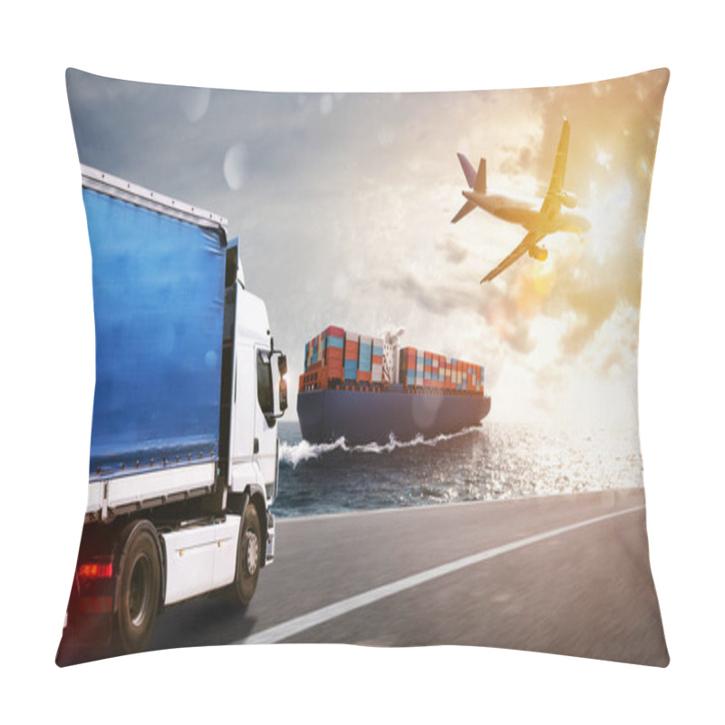 Personality  Shipment Of Goods By Sea, By Land And By Air With Cargo Ship, Truck And Airplane Pillow Covers