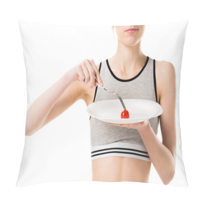 Personality  Young Slim Woman Eating Tiny Cherry Tomato From Plate Isolated On White Pillow Covers